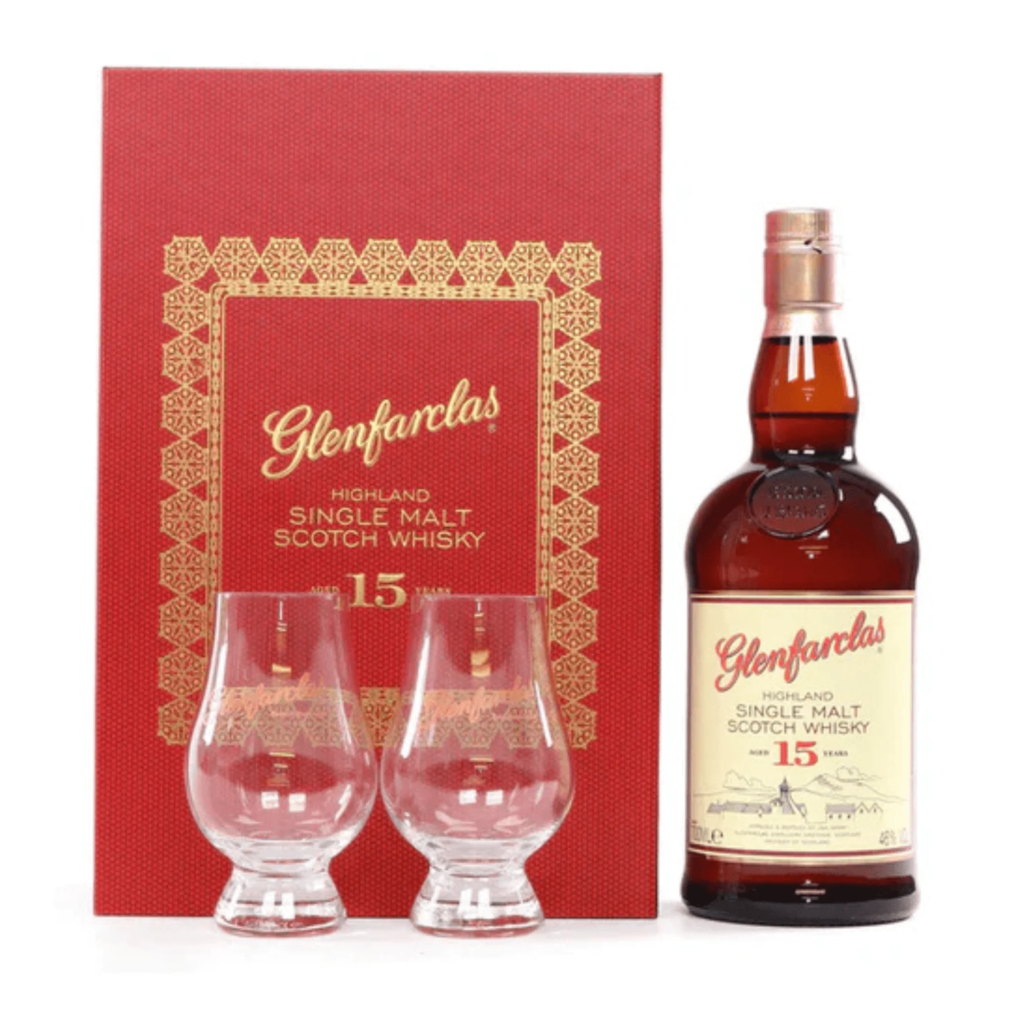 Glenfarclas 15-Year-Old Single Malt Scotch Whisky 700ml with 2 Glencairn Glasses Gift Pack